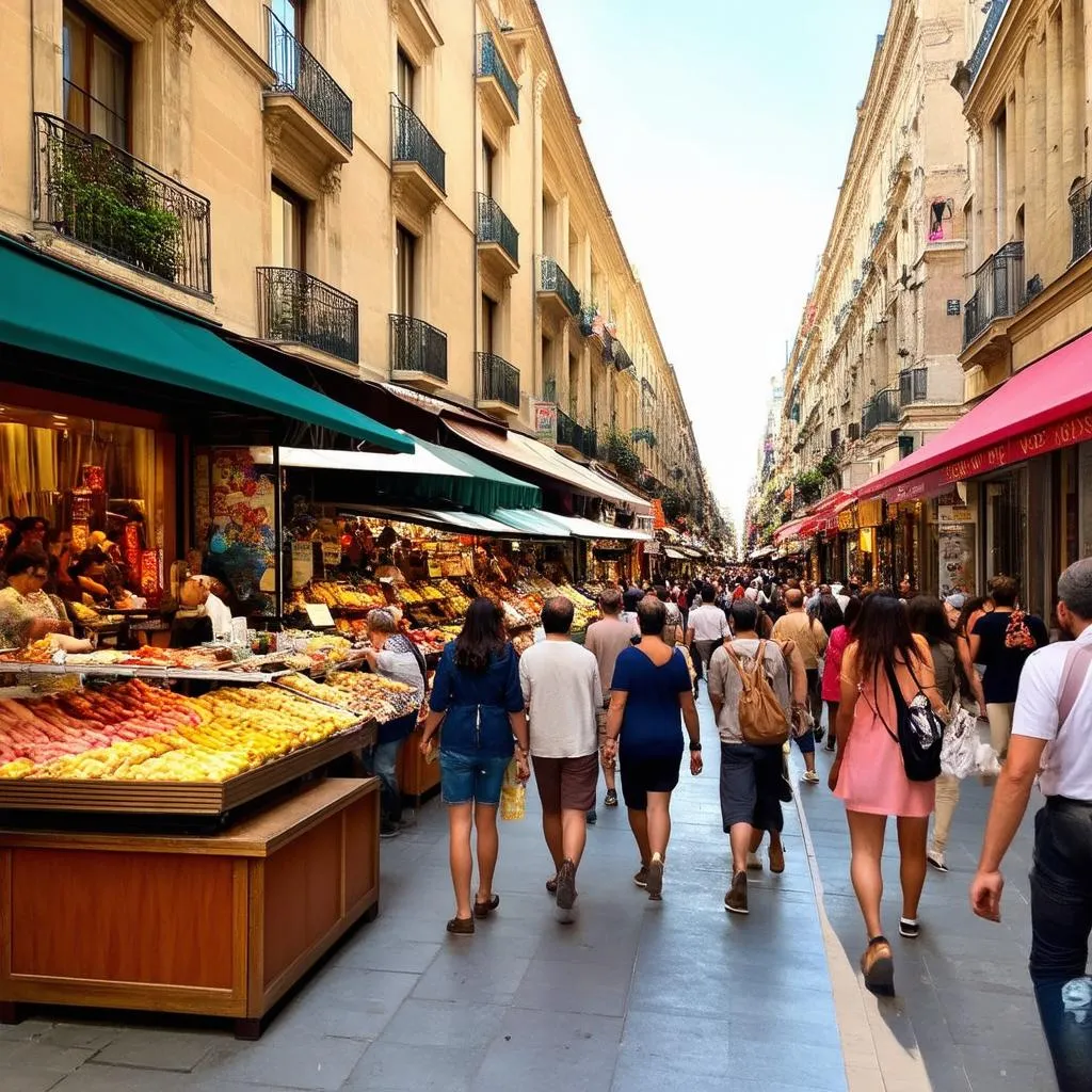 bustling street scene in Barcelona, Spain